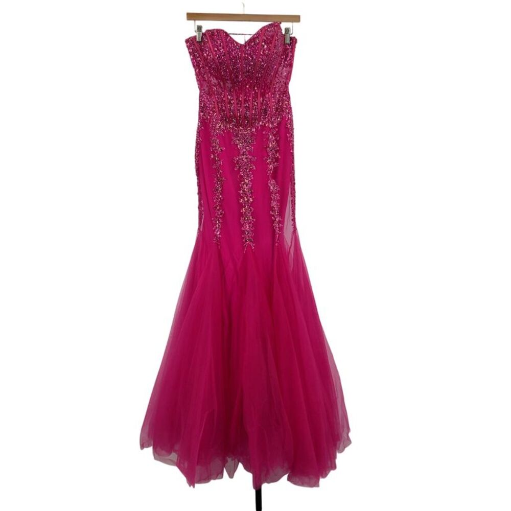 Wow Couture Strapless Fuchsia Evening Gown Pink M